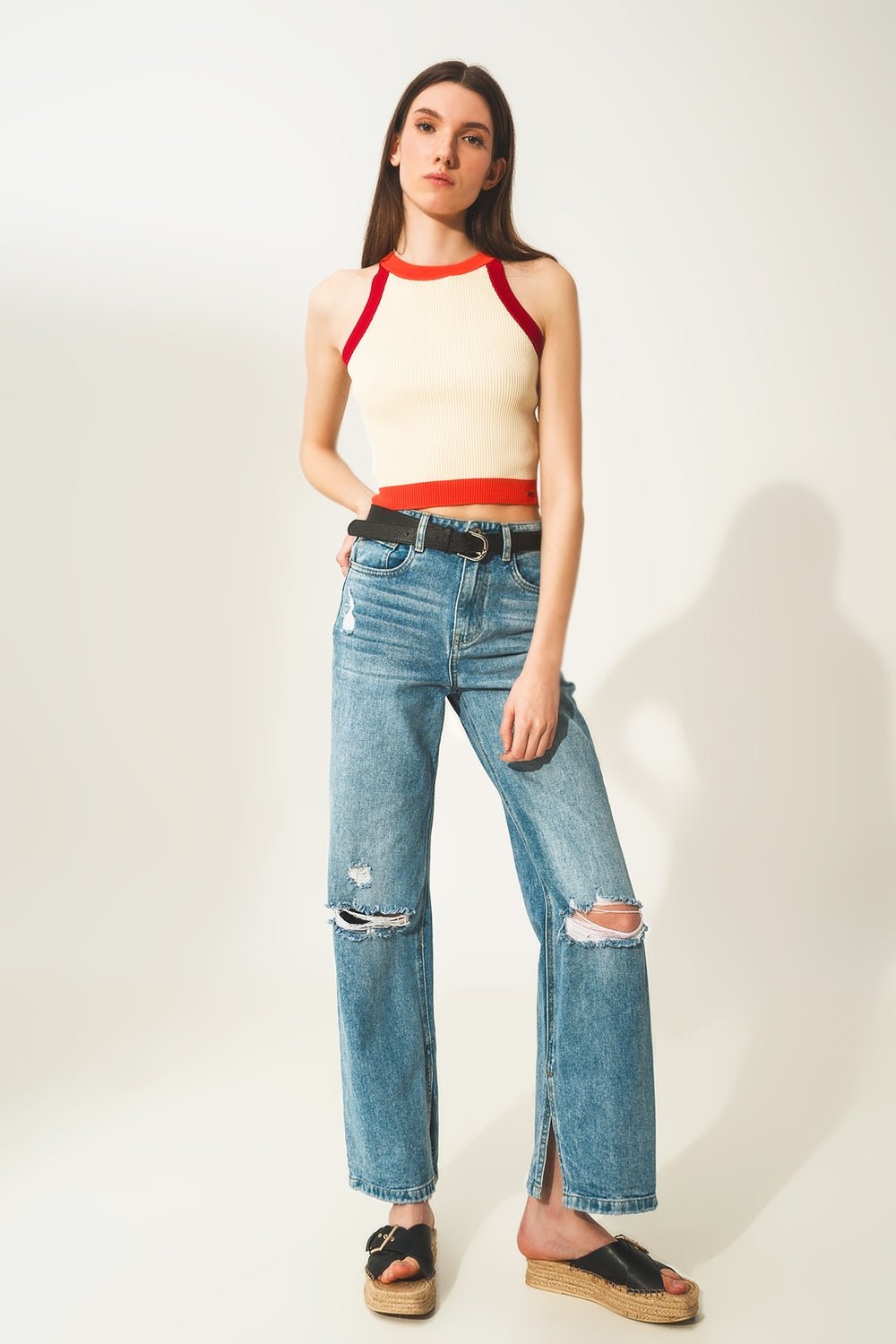 Ribbed Cropped Vest Top in Red - Mack & Harvie