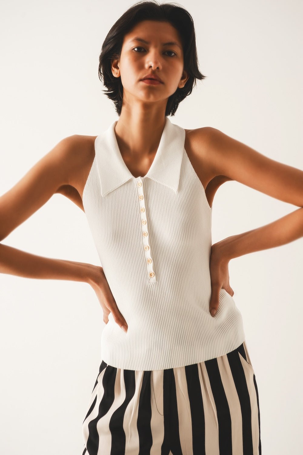 Ribbed Knitted Top With Polo Neck in Cream - Mack & Harvie