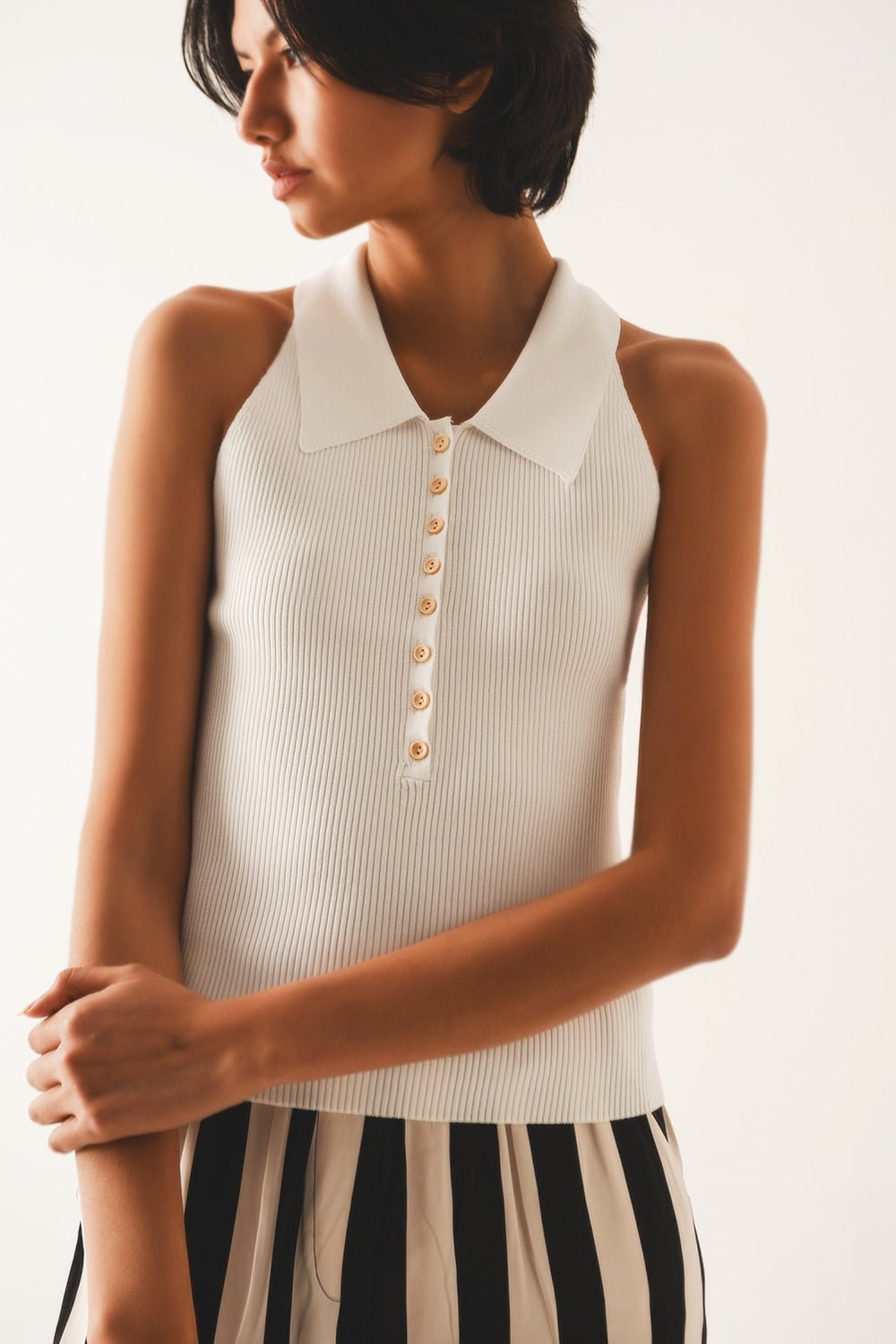 Ribbed Knitted Top With Polo Neck in Cream - Mack & Harvie