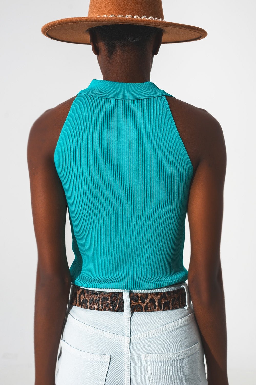 Ribbed Knitted Top With Polo Neck in Turquoise - Mack & Harvie