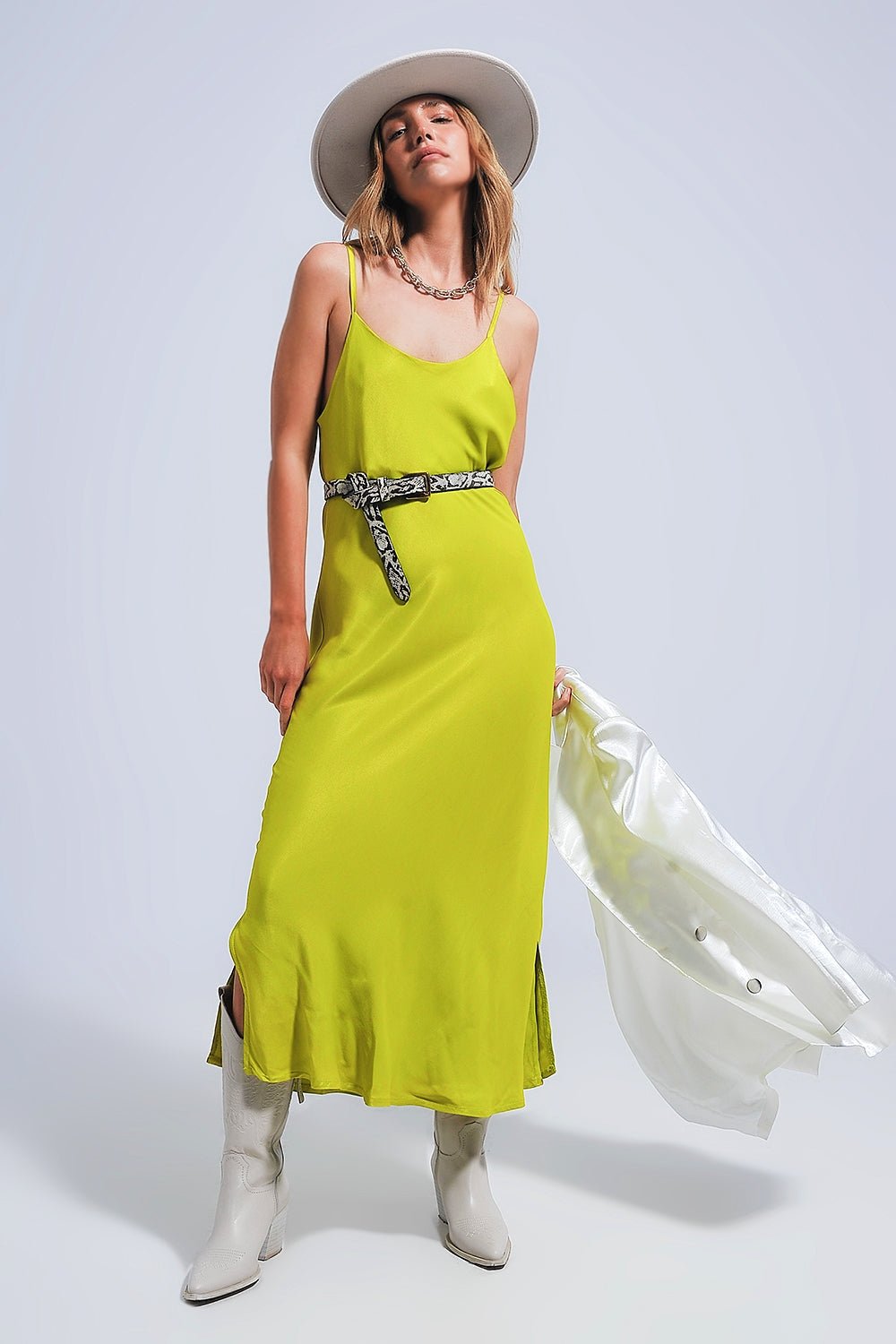 Satin Cami Strap Midi Slip Dress in Green - Mack & Harvie