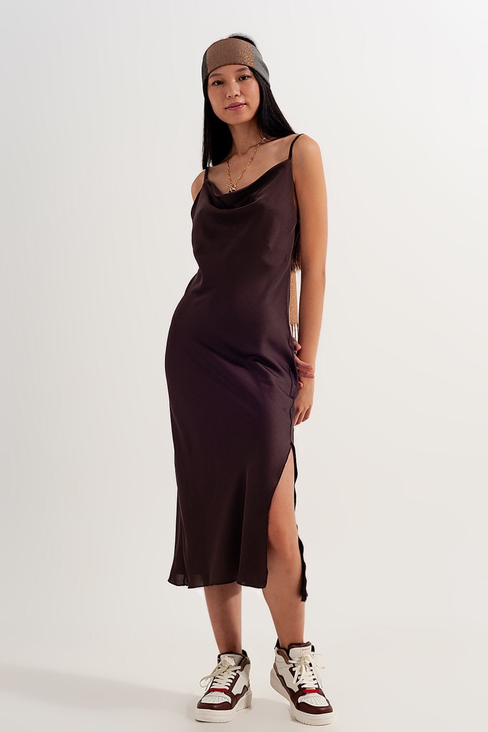 Satin Cami Strap Mini Dress in Brown - Mack & Harvie