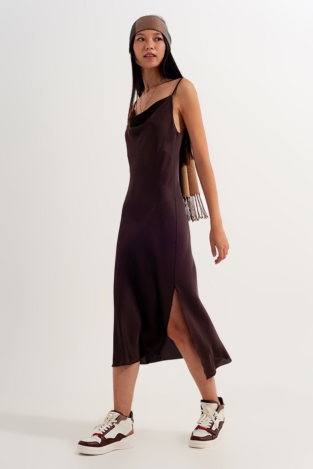 Satin Cami Strap Mini Dress in Brown - Mack & Harvie