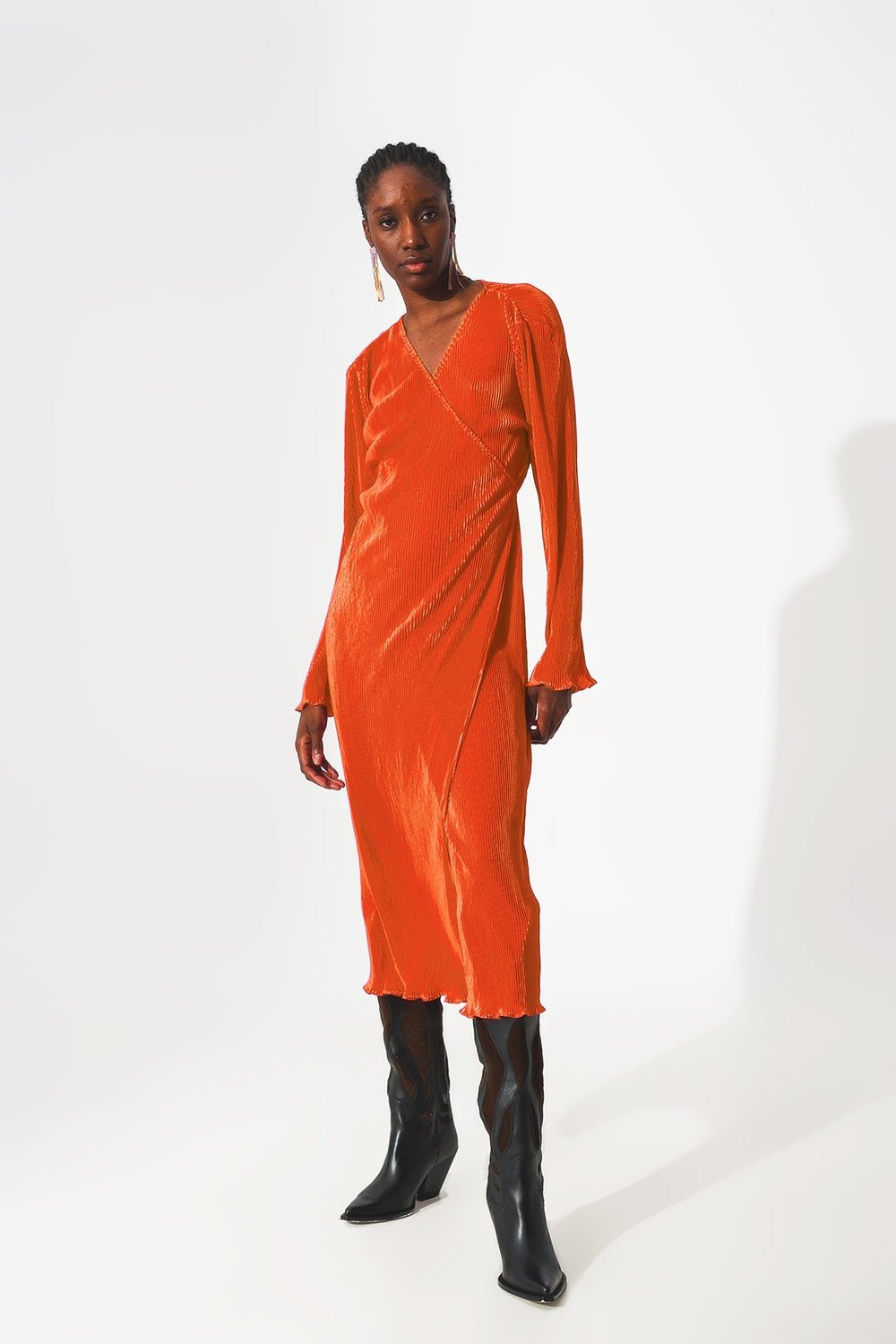 Satin Wrap Deatil Pleated Dress in Orange - Mack & Harvie