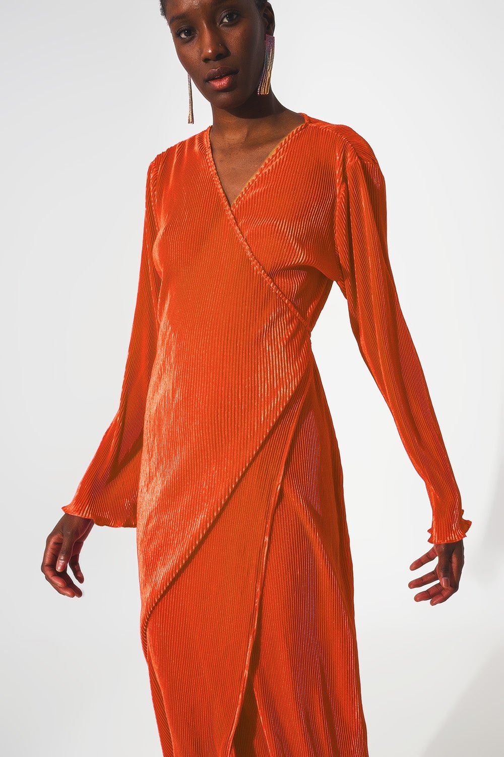 Satin Wrap Deatil Pleated Dress in Orange - Mack & Harvie