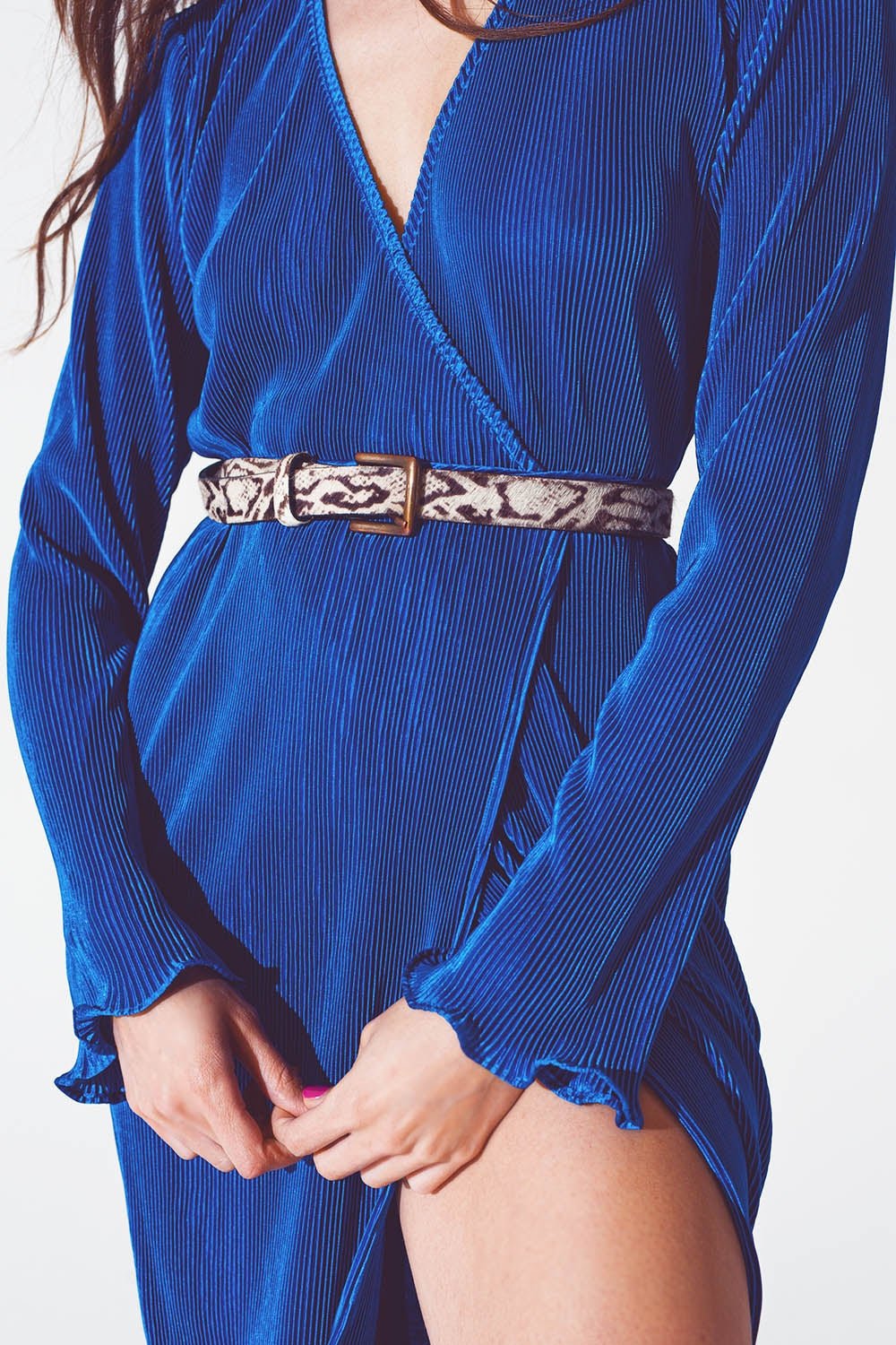 Satin Wrap Detail Pleated Dress in Blue - Mack & Harvie