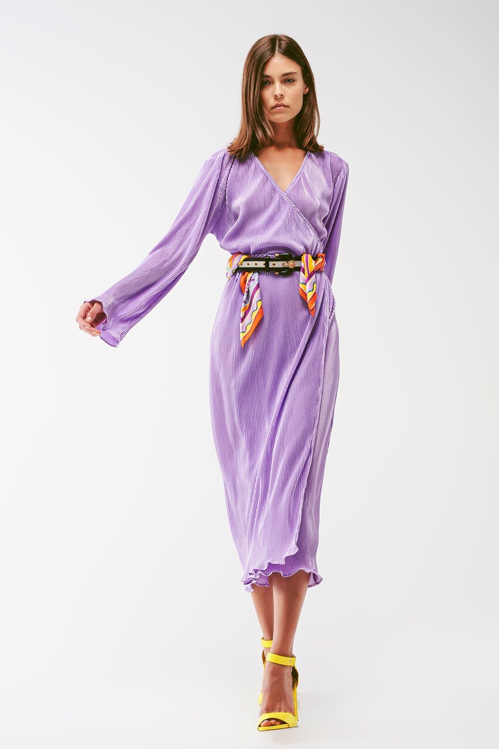 Satin Wrap Detail Pleated Dress in Lilac - Mack & Harvie