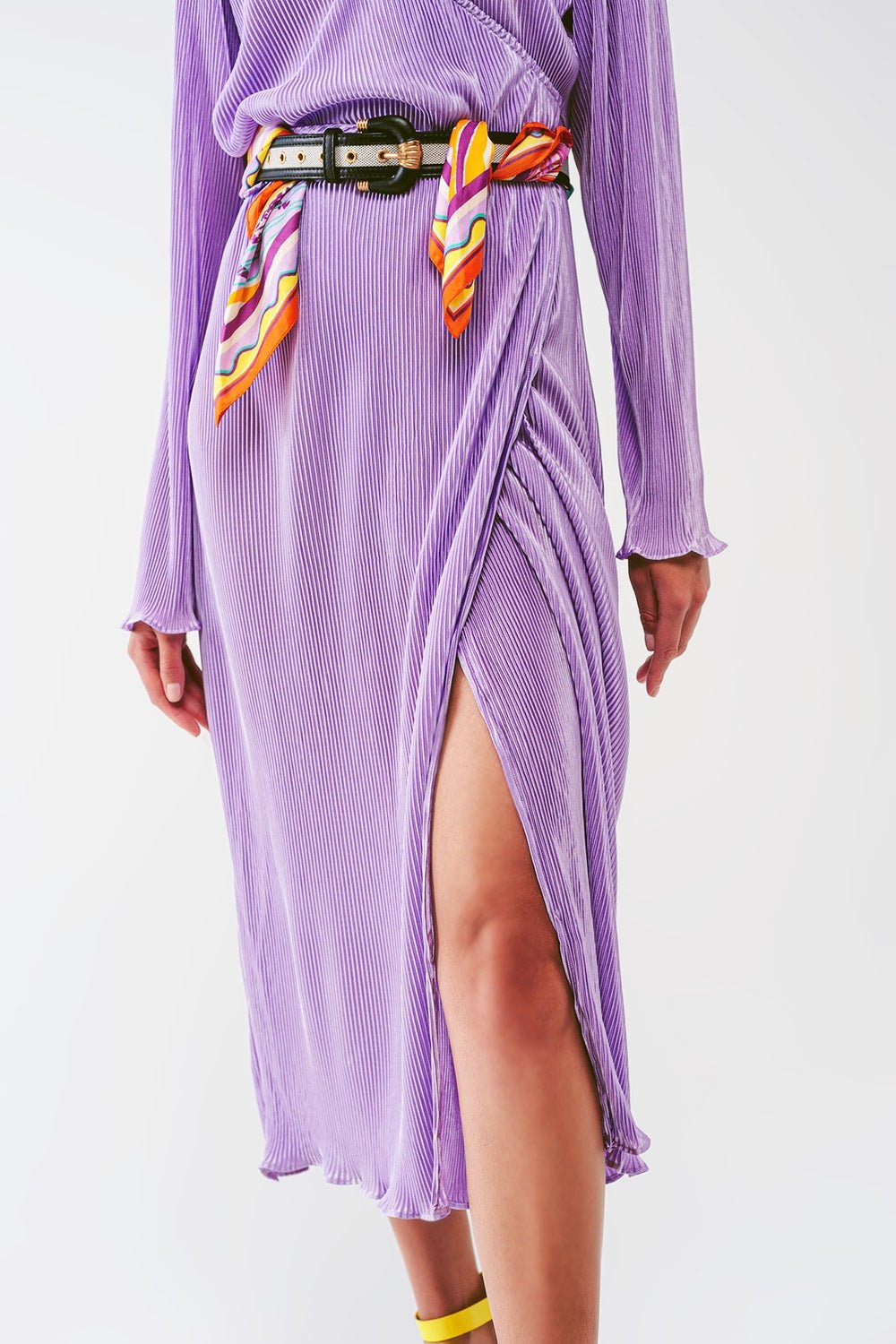 Satin Wrap Detail Pleated Dress in Lilac - Mack & Harvie