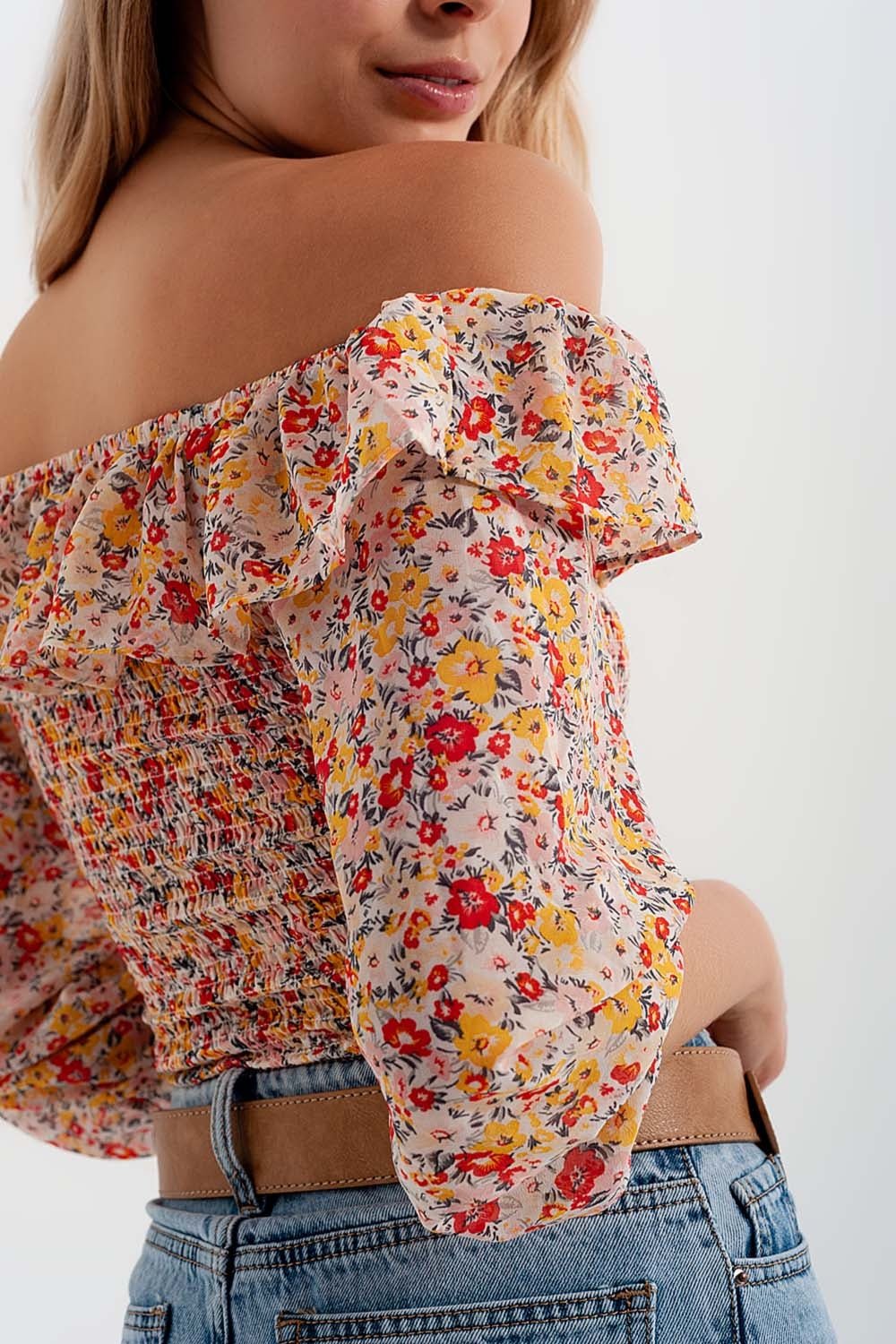 Shirred Off the Shoulder Top With Ruffle in Coral Floral Print - Mack & Harvie