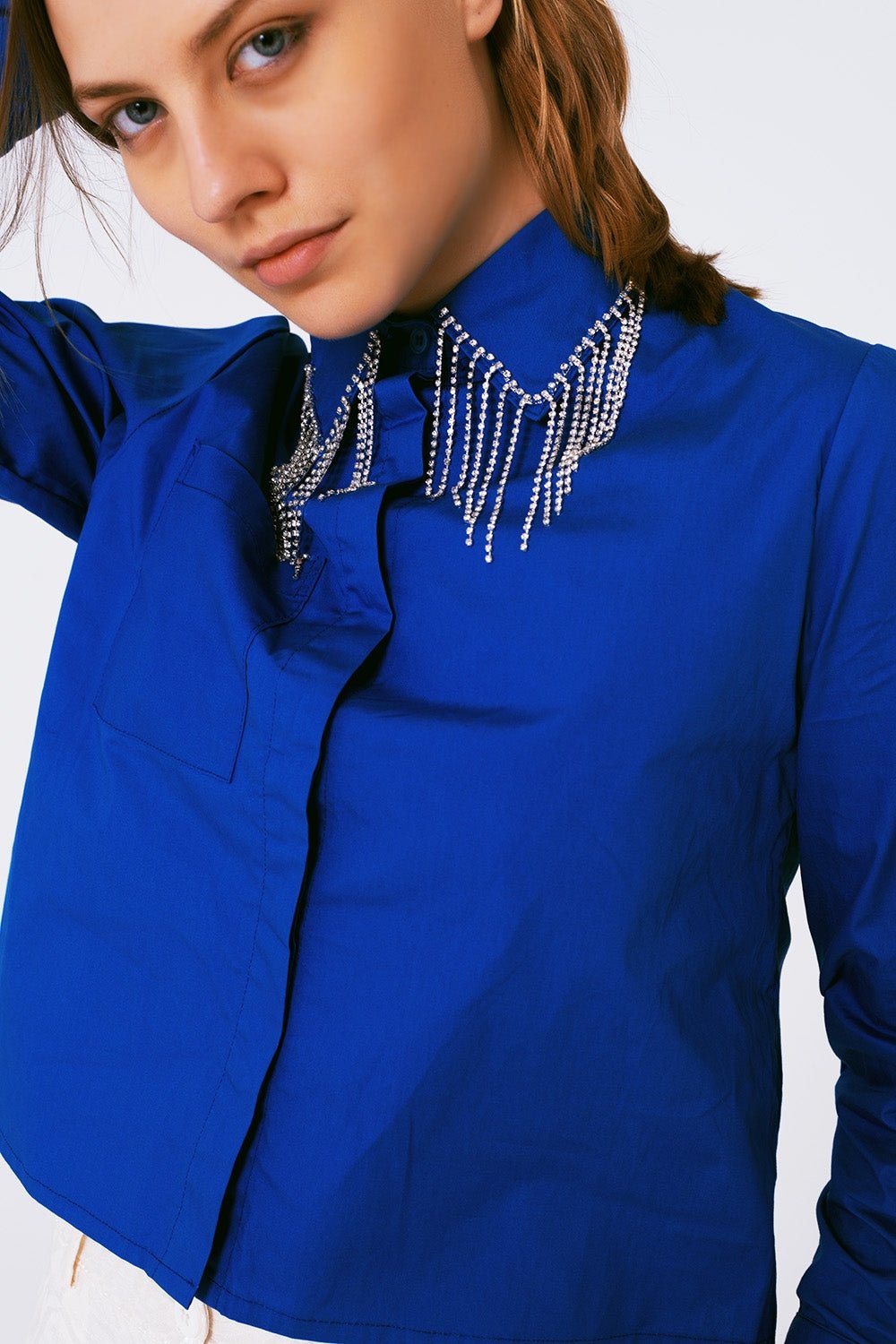 Shirt With Fringe Strass Collar in Blue - Mack & Harvie