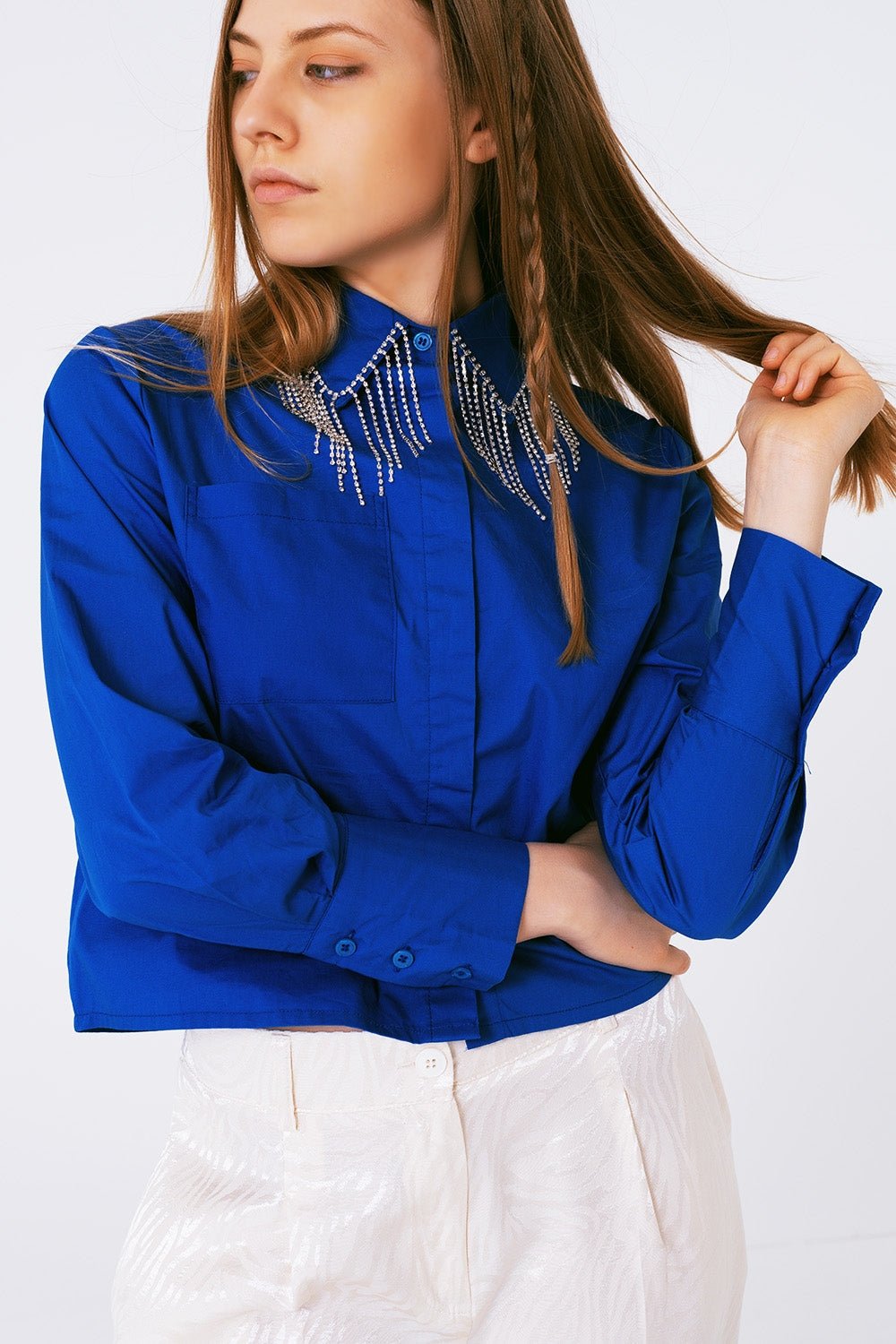 Shirt With Fringe Strass Collar in Blue - Mack & Harvie