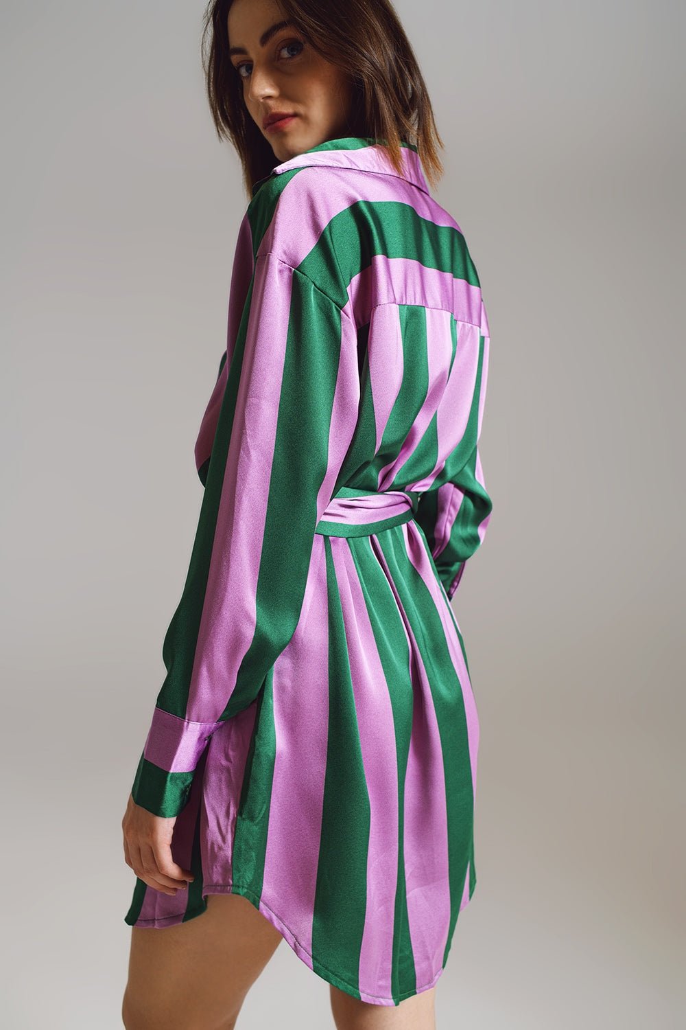 Short Shirt Dress in Lilac and Green Stripe - Mack & Harvie