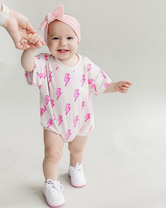 Short Sleeve Bubble Romper | Pink Bolts - Mack & Harvie