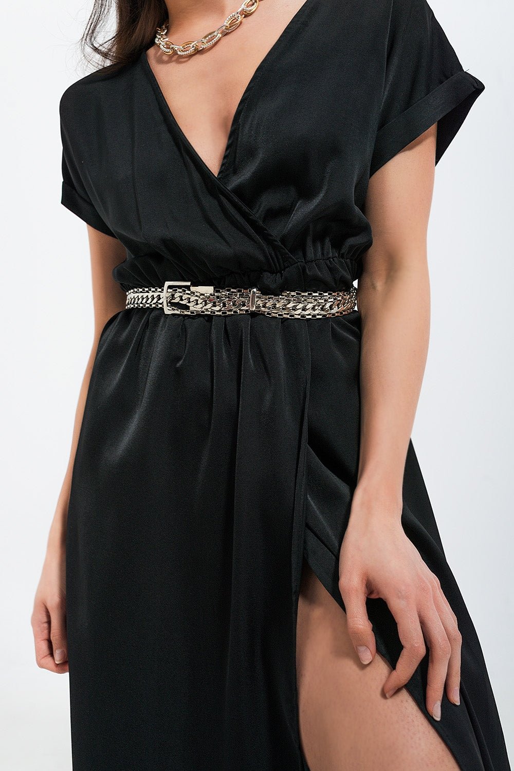 Short Sleeve Satin Maxi Dress in Black - Mack & Harvie
