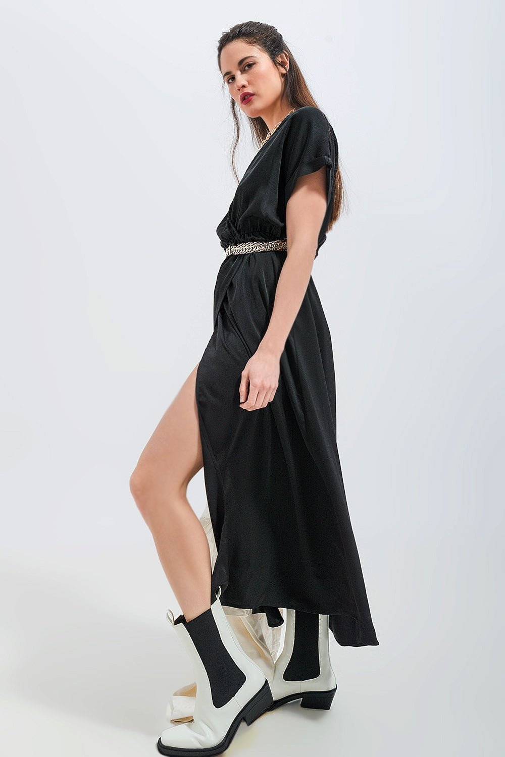 Short Sleeve Satin Maxi Dress in Black - Mack & Harvie