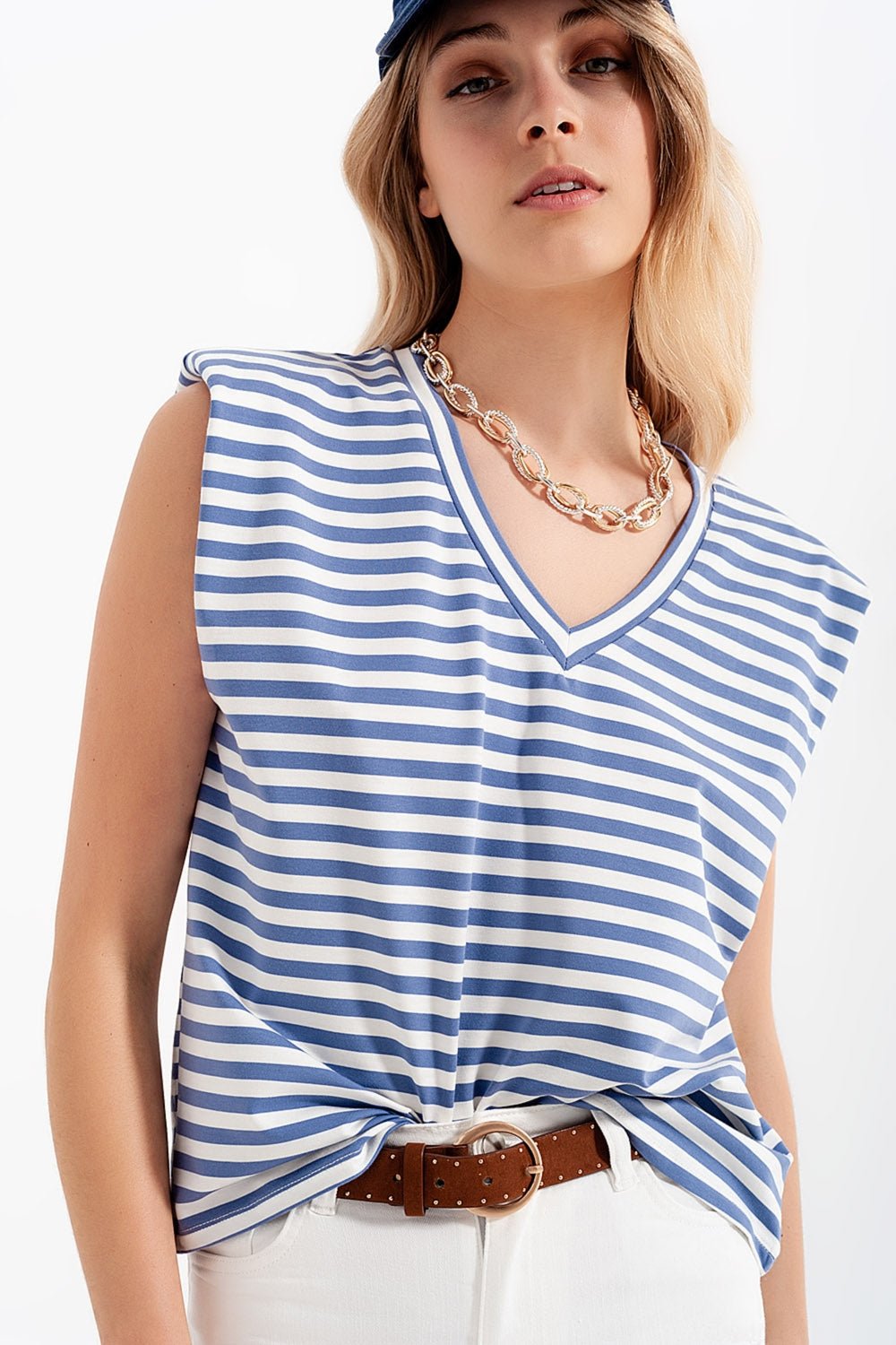 Sleeveless T-Shirt With Shoulder Pad in Blue Stripe - Mack & Harvie