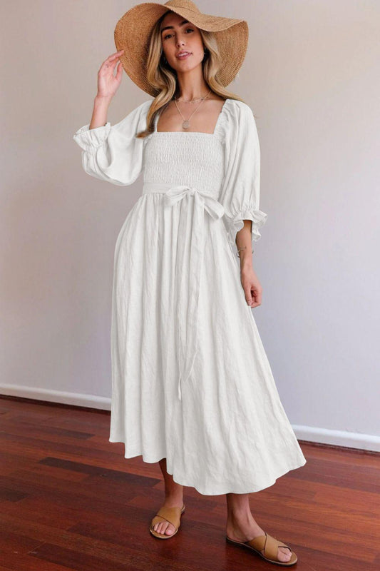 Smocked Square Neck Flounce Sleeve Dress - Mack & Harvie
