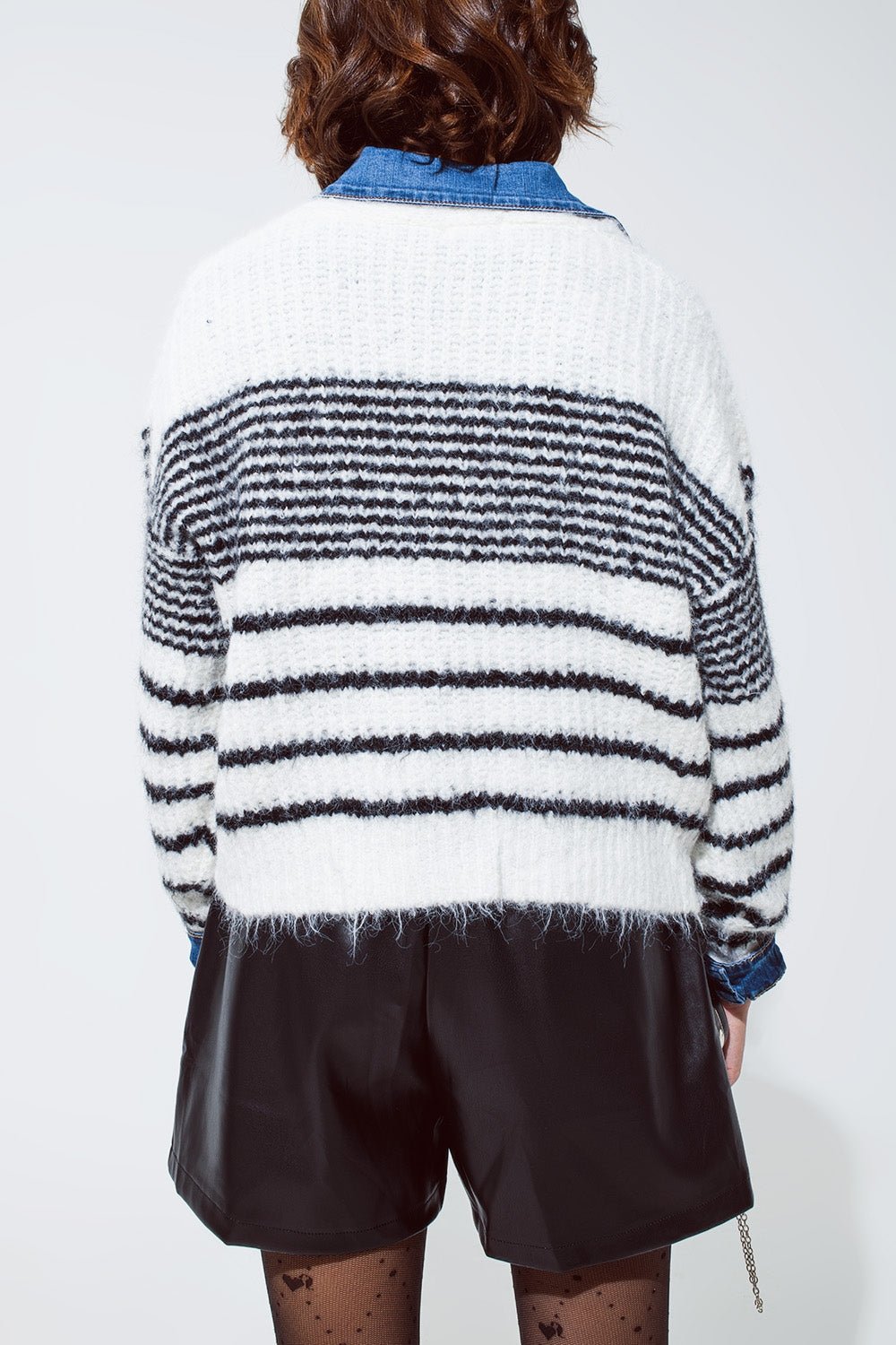Soft and Fluffy White Cardigan With Black Stripes and Deep v Neck - Mack & Harvie