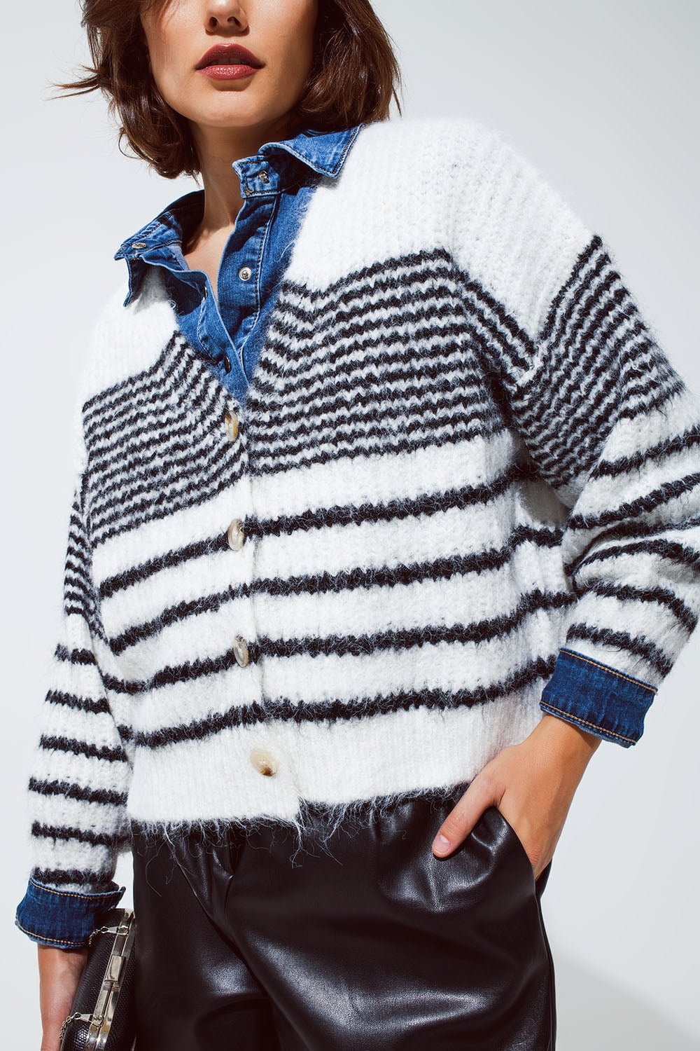 Soft and Fluffy White Cardigan With Black Stripes and Deep v Neck - Mack & Harvie