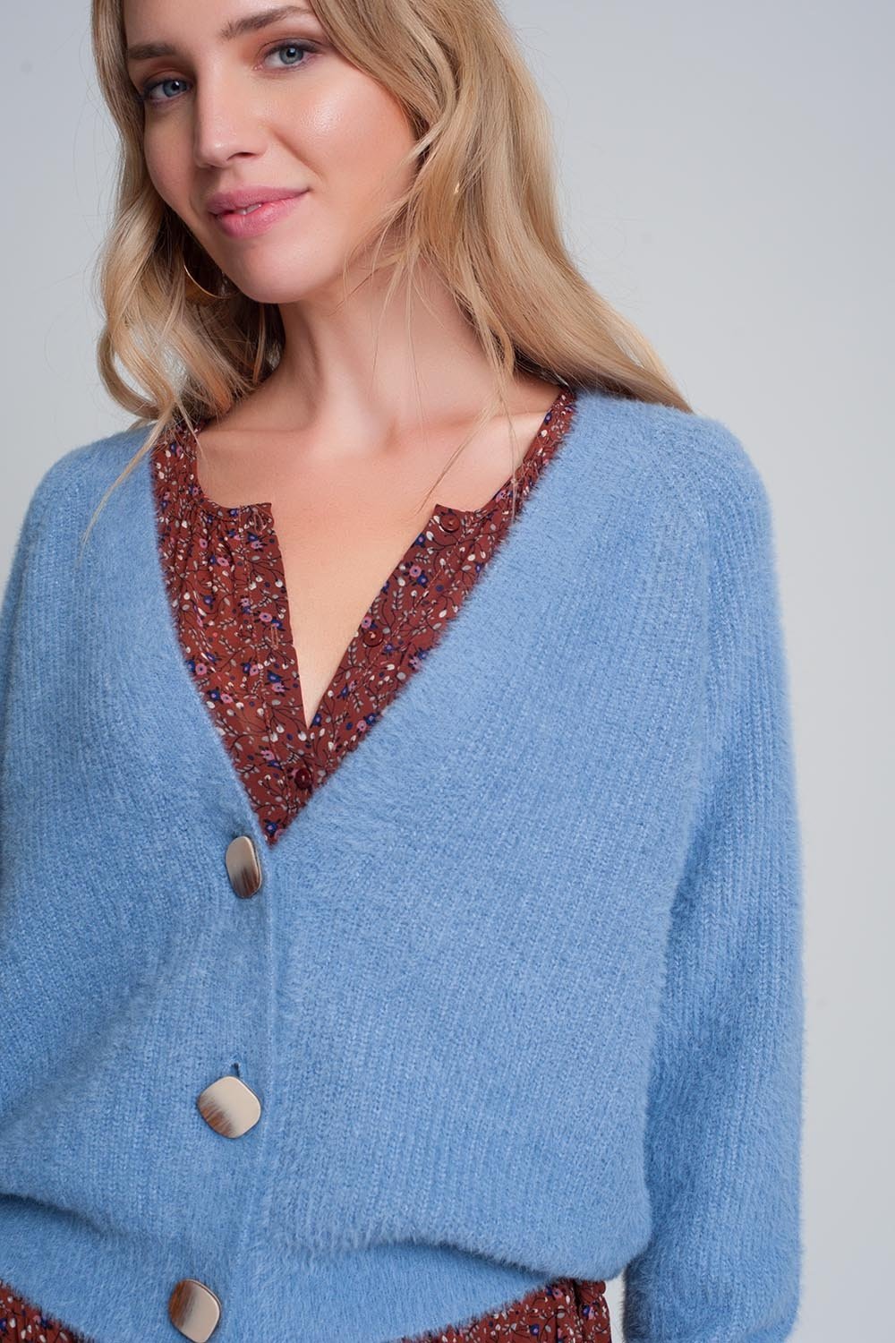 Soft Cardigan With Buttons and Deep v Neck in Blue - Mack & Harvie