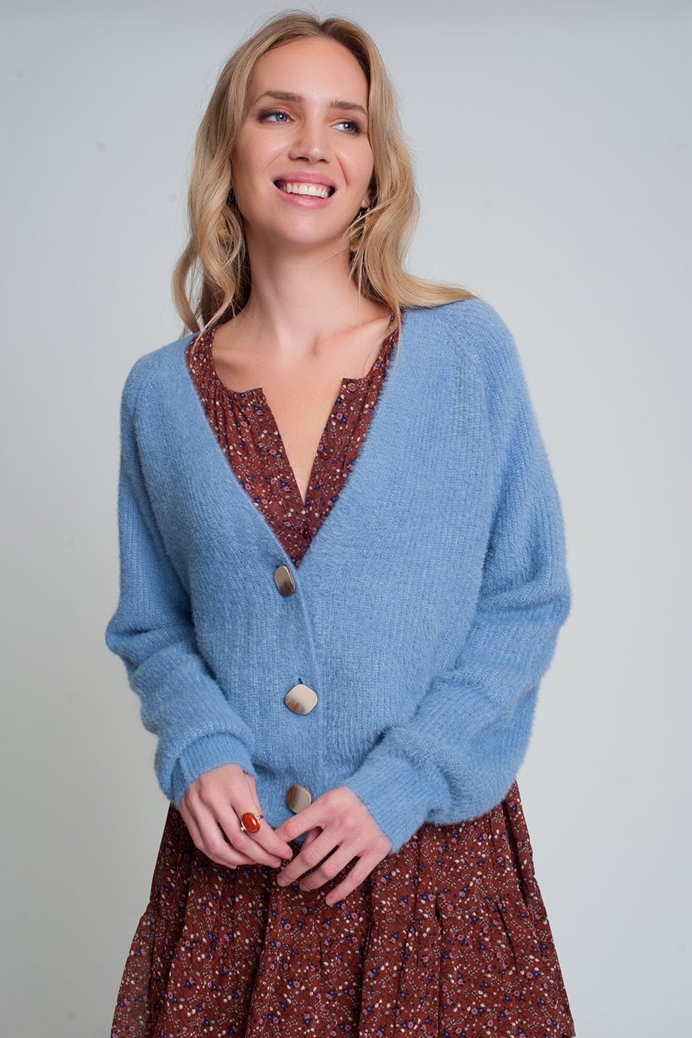 Soft Cardigan With Buttons and Deep v Neck in Blue - Mack & Harvie