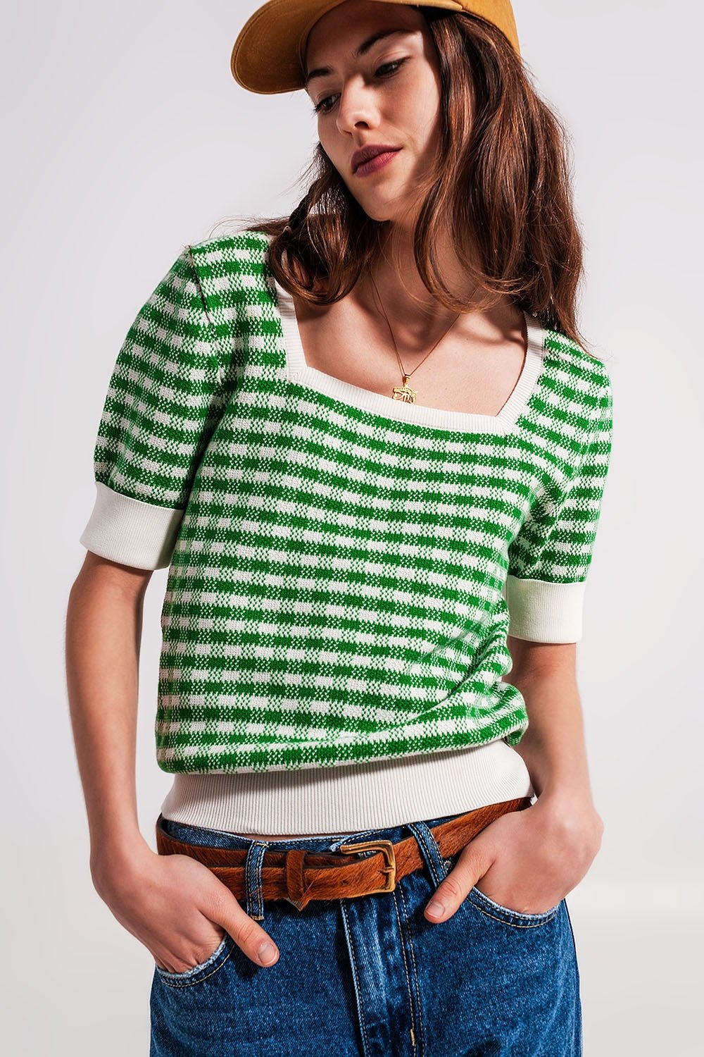 Square Neck Jumper in Green and White - Mack & Harvie