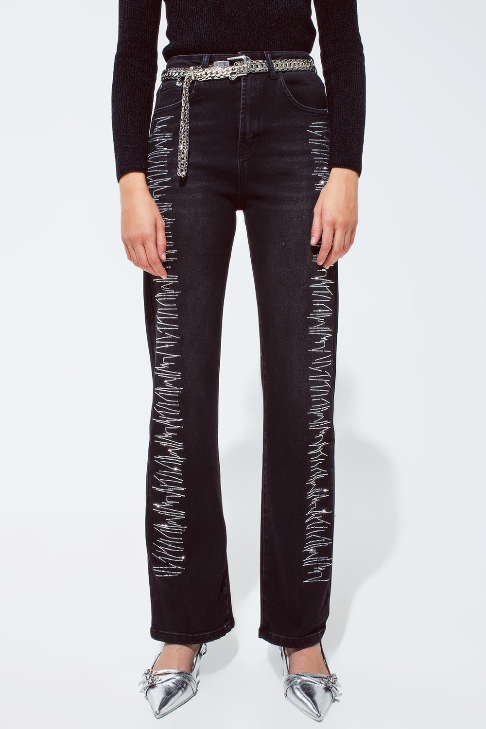 Straight Jeans in Black With Silver Strass Details - Mack & Harvie