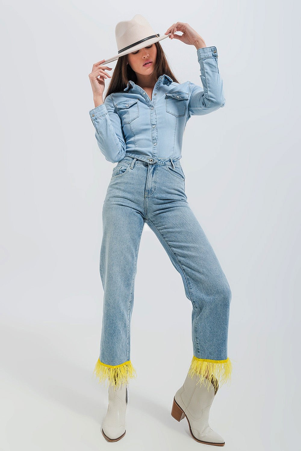 Straight Leg Jeans With Yellow Faux Feather Hem - Mack & Harvie