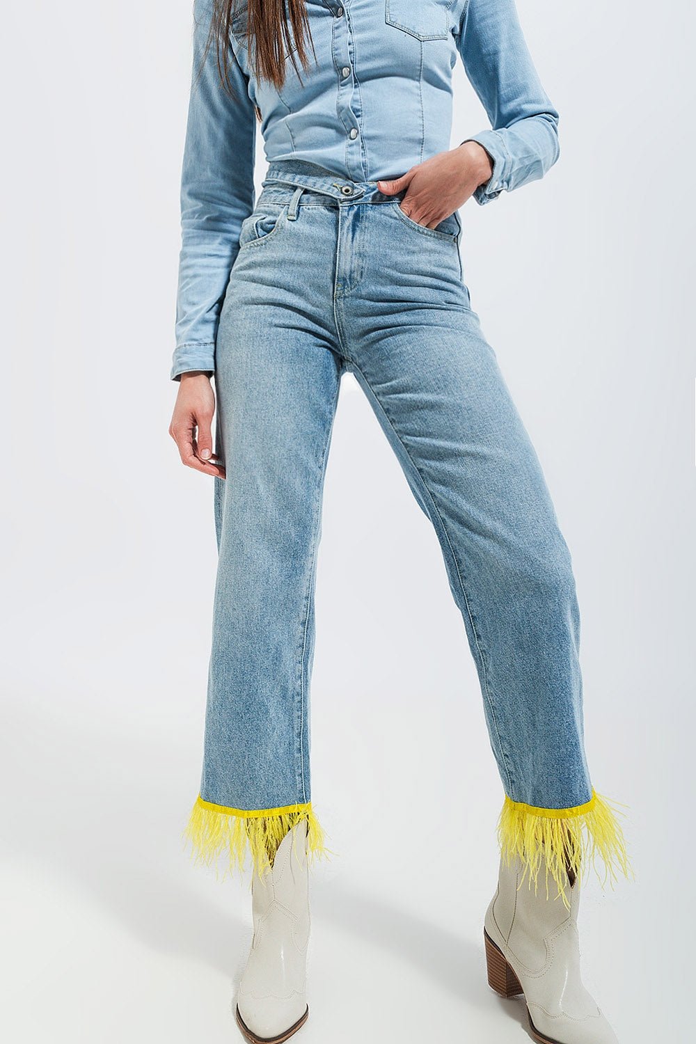 Straight Leg Jeans With Yellow Faux Feather Hem - Mack & Harvie