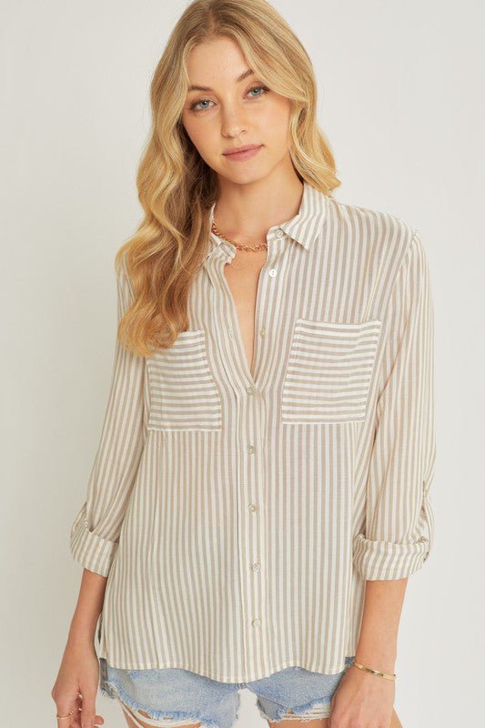 Striped Roll Up Sleeve Button Down Blouse Shirts - Mack & Harvie