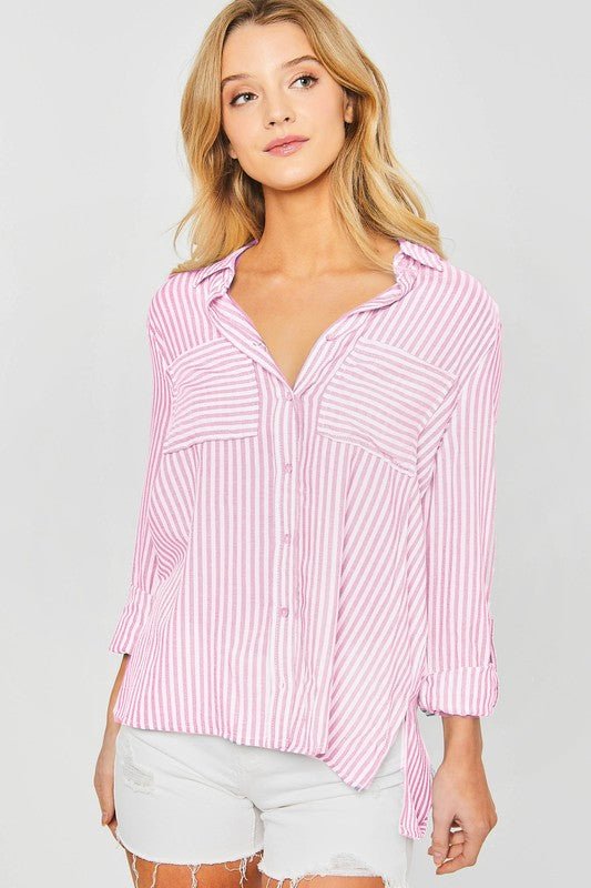 Striped Roll Up Sleeve Button Down Blouse Shirts - Mack & Harvie