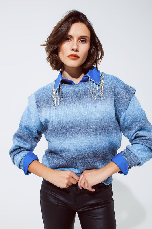 Sweater in Ombre Design Blue With Round Neck and Sleeve Details - Mack & Harvie