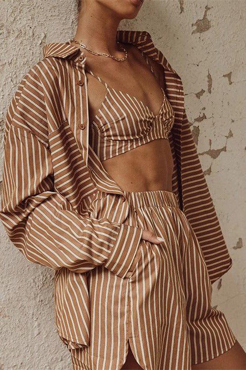 Three Piece Striped Single Breasted Long Sleeve Lapel Shirt Suit - Mack & Harvie