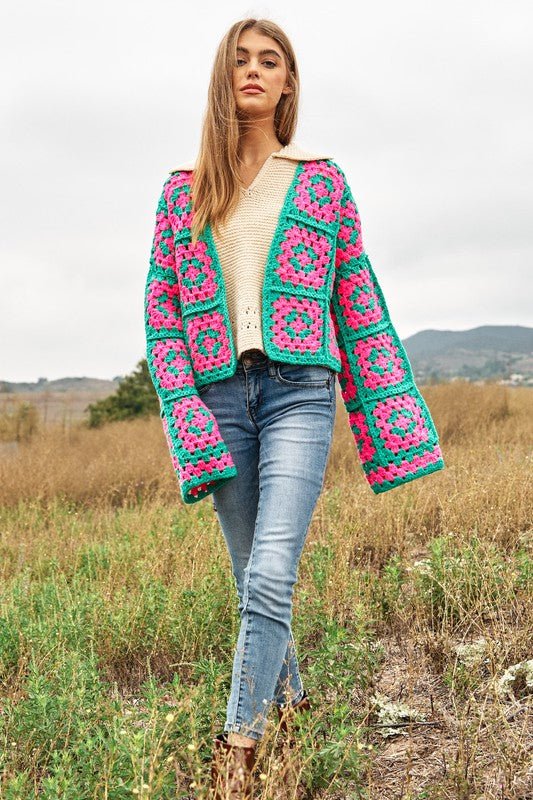 Two-Tone Floral Square Crochet Open Knit Cardigan - Mack & Harvie