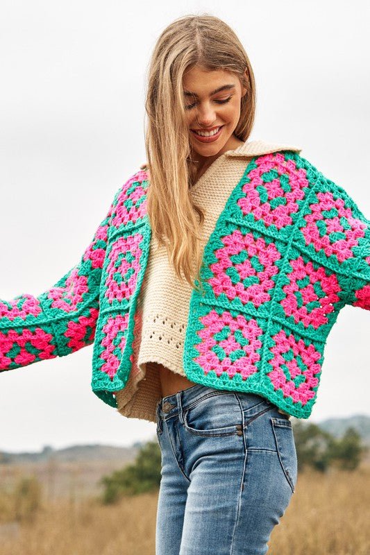 Two-Tone Floral Square Crochet Open Knit Cardigan - Mack & Harvie