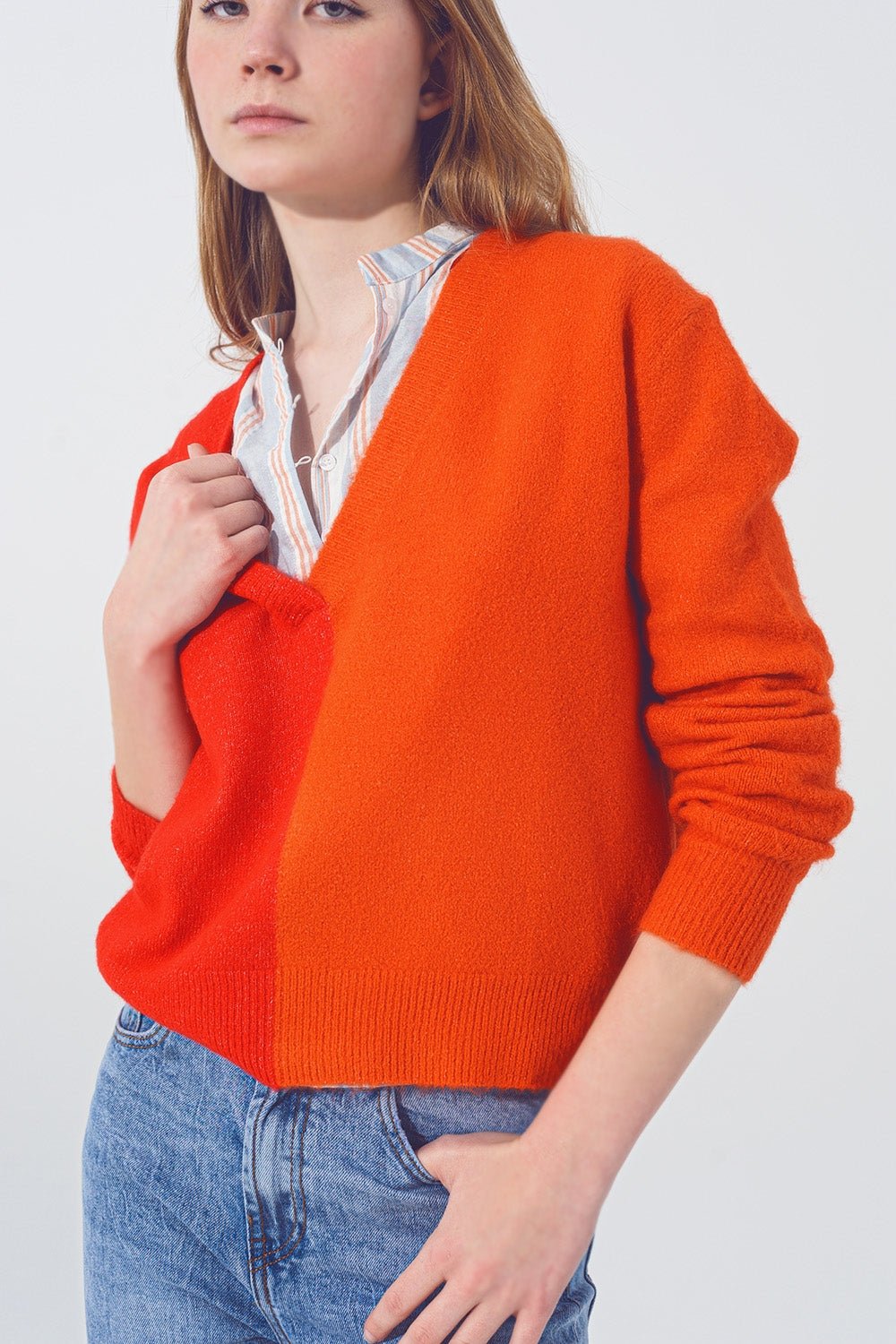 V Neck Colorblock Sweater in Red and Orange - Mack & Harvie