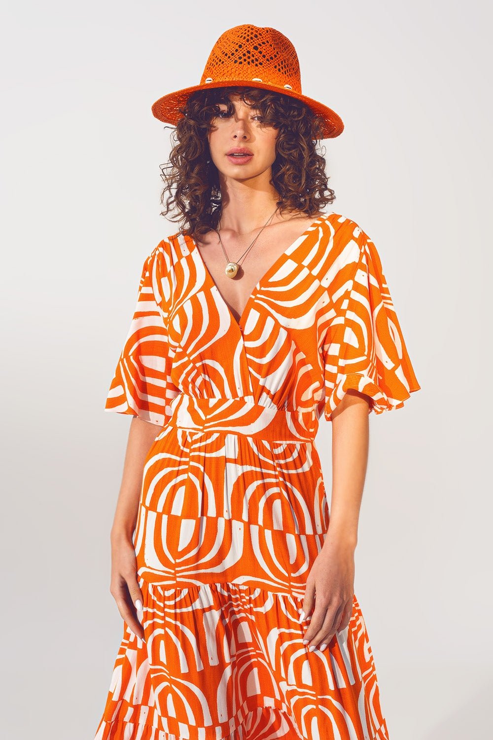 V Neck Midi Dress With Print in Orange - Mack & Harvie