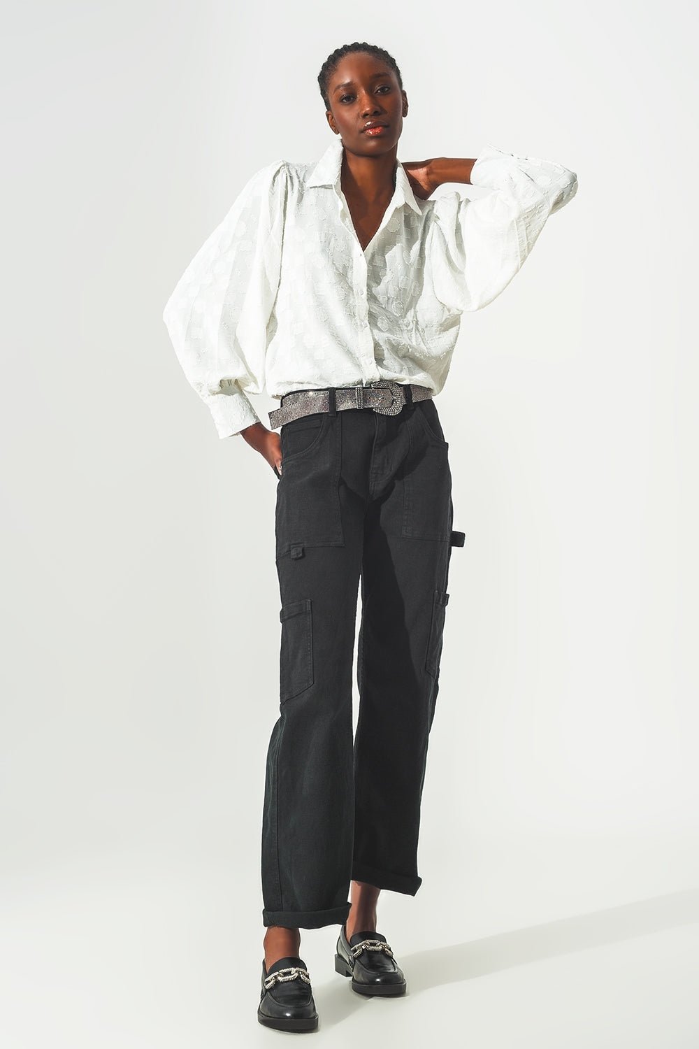 White Textured Blouse With Balloon Sleeves - Mack & Harvie