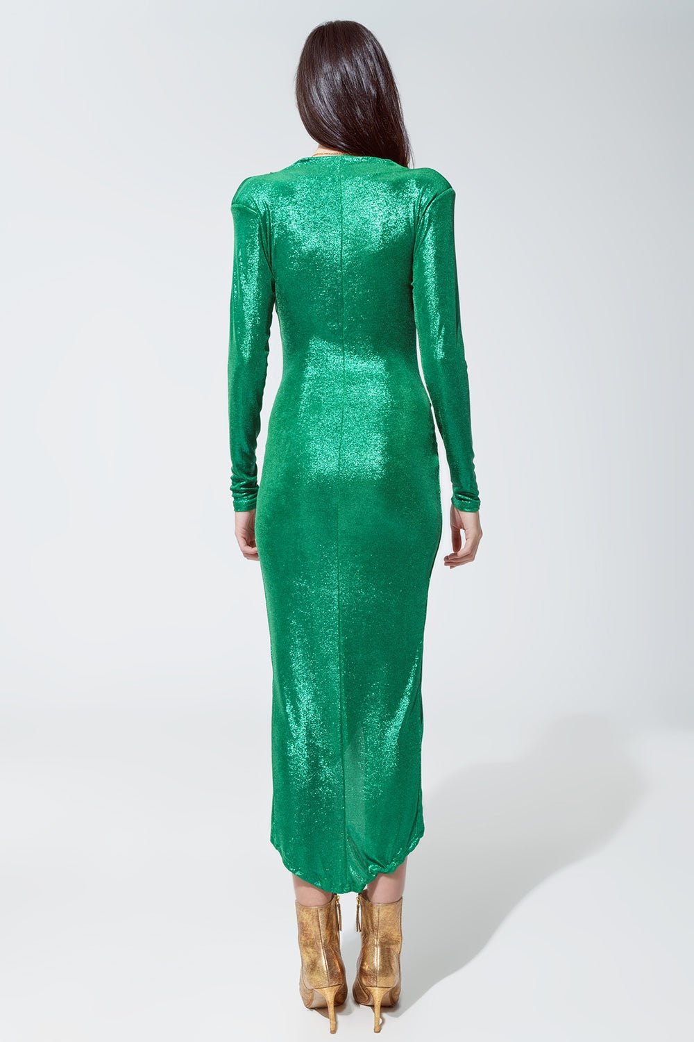 Wrapped Party Dress With Plunge Neckline in Metallic Green - Mack & Harvie