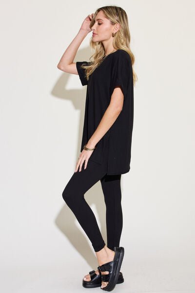 Zenana Full Size Short Sleeve Slit T-Shirt and Leggings Lounge Set - Mack & Harvie